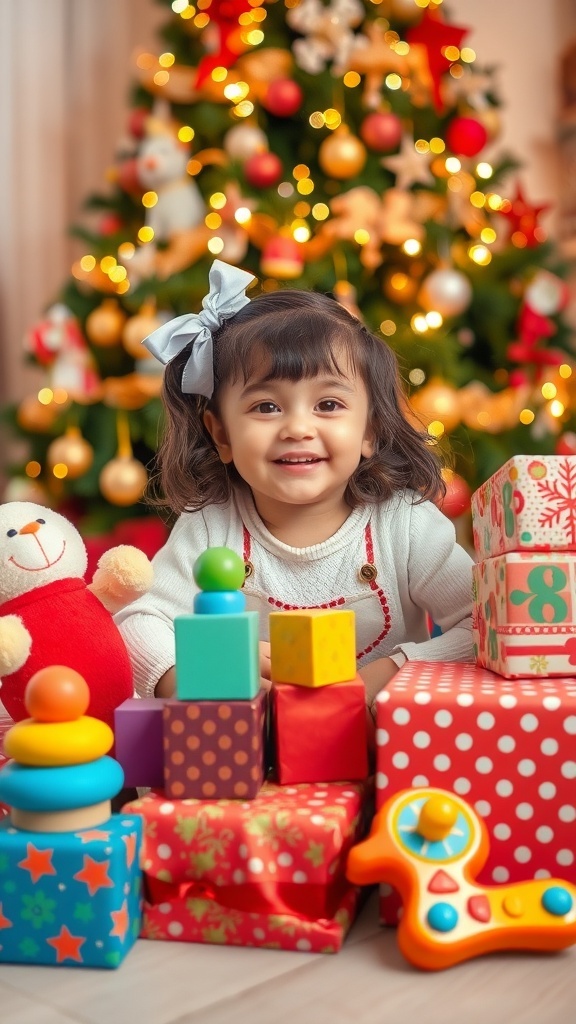 Top Christmas Gift Ideas for a 1-Year-Old Girl A 1-year-old girl playing with Christmas gifts, including plush toys and colorful blocks, near a decorated Christmas tree.